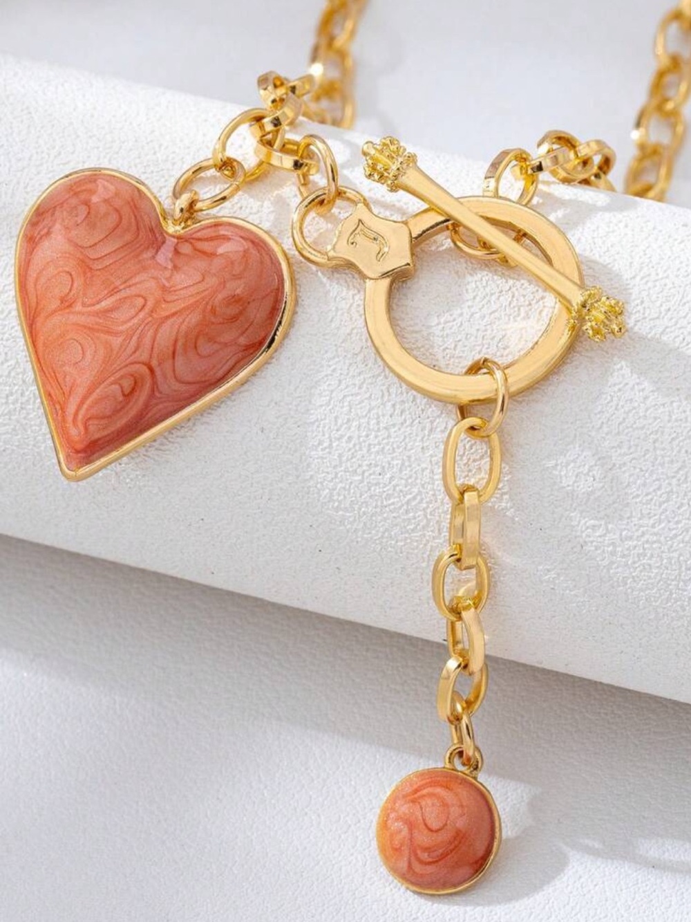 Burnt Orange Gold Heart Toggle Necklace with Orange Enamel Accents